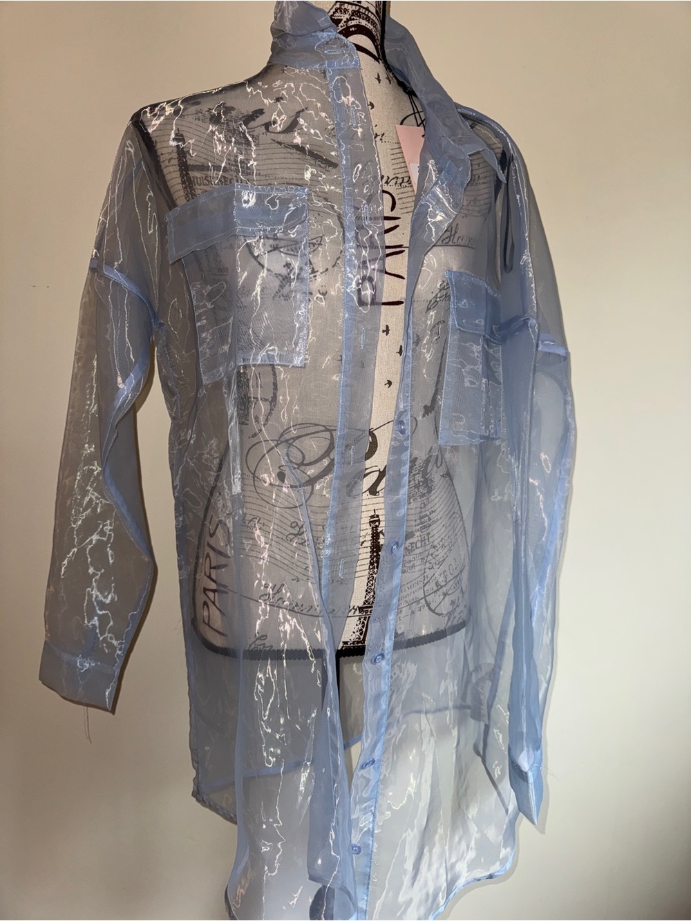Sheer Light Blue Button-Up Shirt Jacket